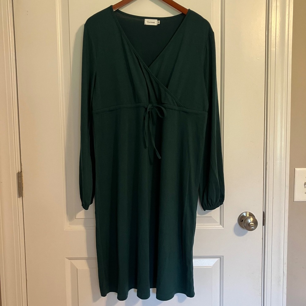 Coolmee Forest Green Maternity Dress XL Long Sleeve V-Neck Empire Waist Wrap